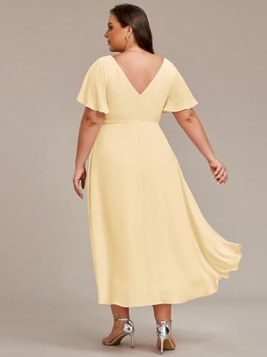 Image of Ever-Pretty Plus Summer Short Sleeves V-Neck Formal Wedding Guest Dresses for Curvy Women Chiffon Midi Cocktail Party Dress