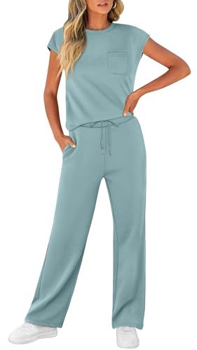 Image of WIHOLL 2 Piece Sets for Women Casual Summer Travel Vacation Outfits Cap Sleeve Lounge Set