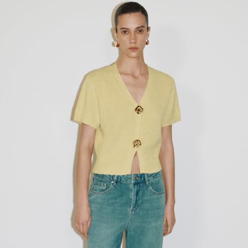 Image of URBAN REVIVO Women's Cardigan Sweaters Short Sleeve V Neck Gold Button Down Cropped Knit Casual Summer Tops