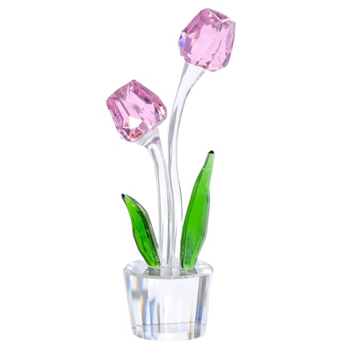 Movdyka Crystal Pink Tulips Flower Figurines, Glass Bouquet Collectible Gifts for Her Wife Valentine's Day Anniversary Christmas, Table Centerpieces for Home Decor Keepsake