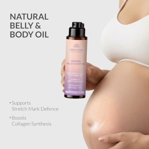 Image of AreoVeda Natural Belly & Body Oil | Suitable for Stretch marks | Boosts Elasticity & Skin Firmness | With Almond Oil, Shatavari & Coffee | Relieves Stress | Pregnancy & Breastfeeding Safe| 100ml