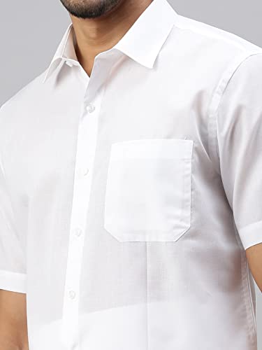 Image of RAMRAJ COTTON Men Solid Regular Fit Half Sleeve Ethnic White Cotton Blend Shirt