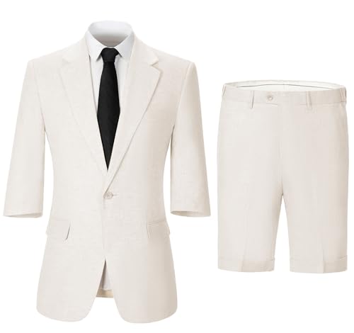 Men's 2 Piece Linen Suits Set Beach Wedding Suits Regular Fit Lightweight Blazer Jacket and Pants