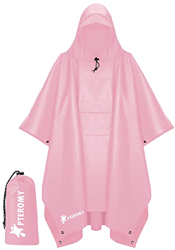 PTEROMY Hooded Rain Poncho for Adult with Pocket, Waterproof Lightweight Unisex Raincoat for Hiking Camping Emergency