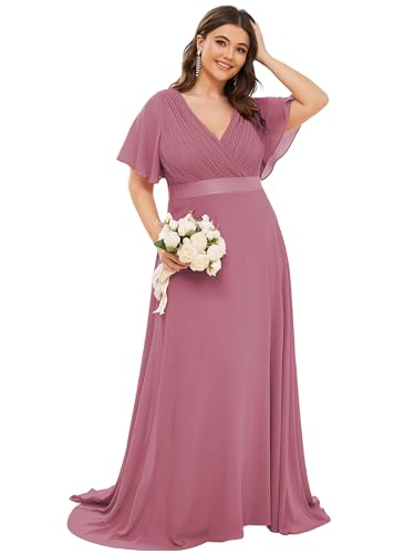Image of Ever-Pretty Women's Chiffon Formal Evening Dresses for Curvy Women V-Neck Plus Size Floor Length Bridesmaid Dress Orchid 22