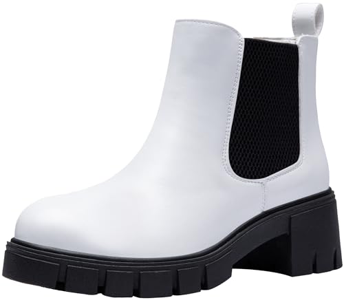 Vepose Women's White Chelsea Ankle Boots Platform Elastic Slip on 936 Booties with Low Lug Sole Chunky Block Heel Size 11 (CJY936 white 11)