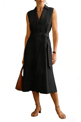 Women's Sleeveless Linen Shirt Dress, Button Front with Belt, Midi Length, Collared (US, Alpha, Medium, Regular, Regular, Black)