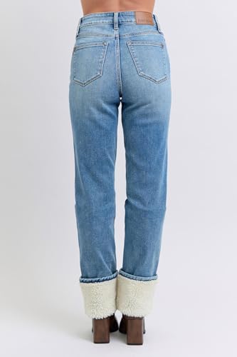 Judy Blue High Waist Shearling Cuff Straight Jeans - Warm, Stylish, and Stretchy Denim for Ultimate Comfort -888904