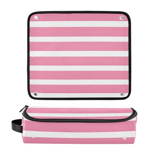 Organizador para herramientas de estilizado de cabello, bolsa portátil con diseño de rayas rosas y blancas, incluye tapete resistente al calor para plancha alisadora, rizadora y otras herramientas de peinado miniatura 3