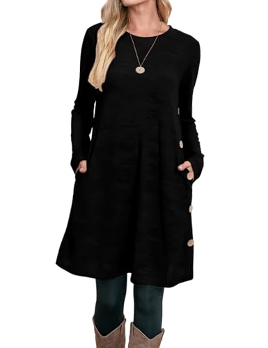 OFEEFAN Long Sleeve Dress for Women Crew Neck Tunic Dress with Pockets Buttons Side3