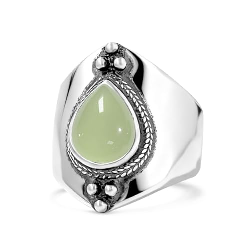 Waterdrop Olive Green Nephrite Jade Stone Ring Retro Sterling Silver Natural Real Genuine Teardrop Crystal Quartz Gemstone Wide Chunky Boho Bohemian Full Finger Statement Band Ring for Women (A09_Jade 9)