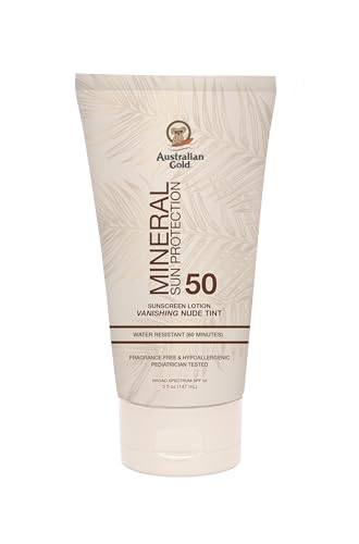 Australian Gold SPF 50 Mineral Sunscreen, 5 fl oz, Broad Spectrum Tinted Sunscreen, Gentle Protection for Every Shade, Vanishing Nude Tint, Blue Light Protection, Zinc Oxide 4% & Titanium Dioxide 4%