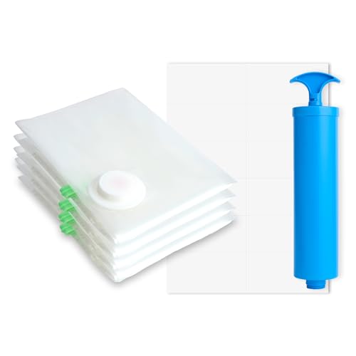LIXTYC 4 Bolsas al Vacío para Ropa 40x50cm + Bomba de Aire Manual Pegatinas | Compresión Viaje y Maleta