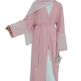 Muslim Dresses for Women Ramadan Kimono Long Sleeve Embroidered Islamic Cardigan Prayer Dress Abaya Kaftan with Belt Turkey Dubai Casual Dress Abaya Dress for Women Pink M