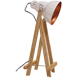 Meubletmoi OXI - Lámpara de mesa con proyector de decoración, acero blanco, patas de madera, diseño industrial