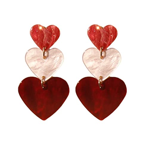 Three Love Heart Dangle Drop Earrings Unique Pink Red Heart Statement Earrings for Women-Multi Red