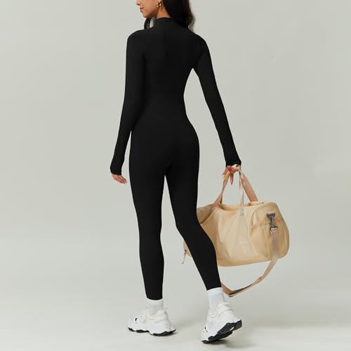 Vertvie Thermo Jumpsuit Damen Winter Langarm Eng Reißverschluss Sport Einteiler Warm Gefütterte Ganzkörperanzug Stretch Yoga Overall Slim Fit Bodysuit(Schwarz,M)