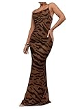 SOLY HUX Women's Cowl Neck Bodycon Maxi Dress Sleeveless Cocktail Cami Dresses Evening Gowns Brown Multi Large