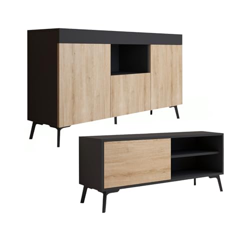 MB Muebles Bonitos, Conjunto de Mueble de Salón Kai con Aparador y Mueble TV, Diseño Moderno, Melamina Mate, Color Negro y Sonoma
