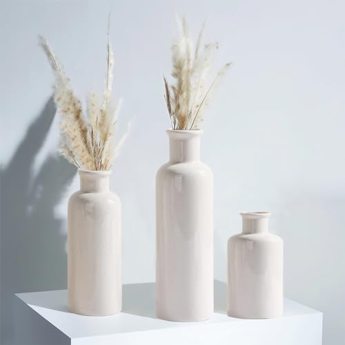 Small Ceramic Vase Set for Dining Table Decoration, Set of 3 White Flower Vase in Nordic Style for Home Decor, Mini Decorative Vase for Single Flower Pampas Grass - Height 5-8-10 inch, Glossy White