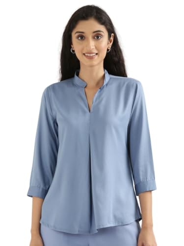 Image of SAADAA Top for Women, Viscose Pleated Tops, V-Neck with a Collar, 3 /4 Sleeve Length, Office & Casual Wear