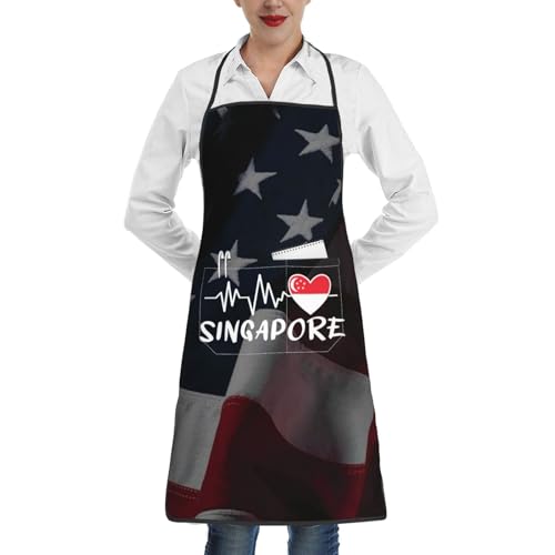 nopicsn Singapore Heartbeat Apron for cooking with Pockets Women Men Kitchen Chef Funny Aprons