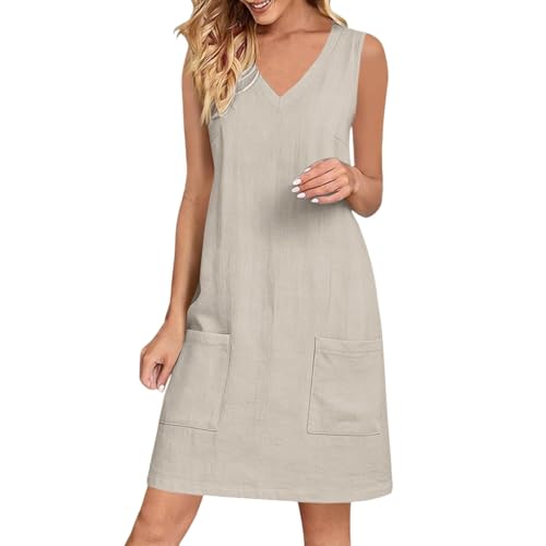 Vestidos de verano para mujer, estilo casual, cuello en V, sin mangas, de lino, ajuste holgado, longitud hasta la rodilla, vestido de verano con dos bolsillos delanteros, para playa, vacaciones