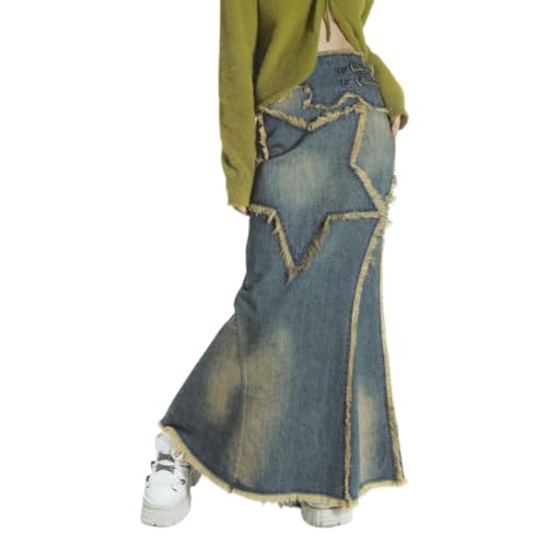 Women's Star Patch Flared Jeans Frayed Distressed Retro Style Loose Fit Maxi Skirts High Waist Denim Skirts Y2K