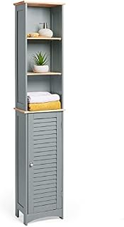 VonHaus Tall Bathroom Cabinet  Grey Bathroom Tallboy w/Solid Rubberwood Shelves - Tall Bathroom Storage w/Shutter Style Door, 3 Internal & 3 Open Shelves - for Kitchen & Hallway - Shrewsbury