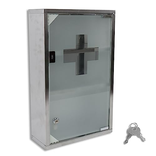 Froadp Medicinskåp, läkeskåp, i rostfritt stål, låsbart husapotek med glasdörr och lås, 30 x 12 x 50 cm, apoteksskåp, första hjälpen skåp (3 fack)