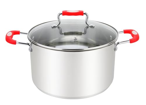 Millvado Stock Pot, 6 Quart Stainless Steel Pot, StockPot With Clear Glass Lid, Steam Hole, Permanent Measurement Markings, Gas, Electric and Induction Compatible Boiling Pot