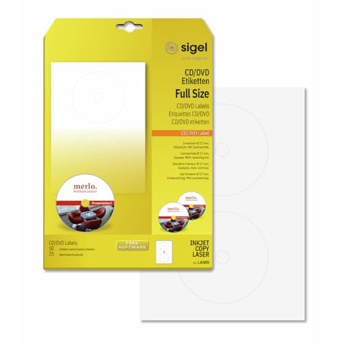 SIGEL LA505 CD-/DVD-Etiketten weiß, blickdicht, 50 Etiketten = 25 Blatt, mit Zentrierhilfe, FullSize 17 mm Innenloch