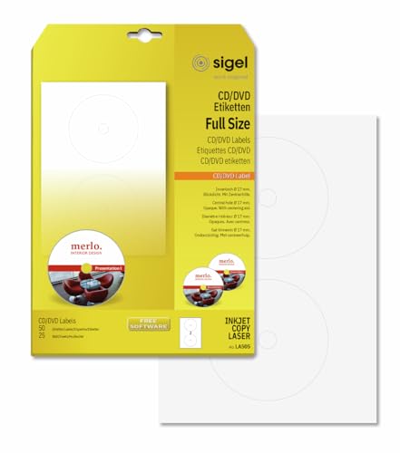 SIGEL LA505 Etiquetas para CD/DVD (Ink/Laser/Copy), Ø 117 mm (A4), 50 Et.=25 hojas