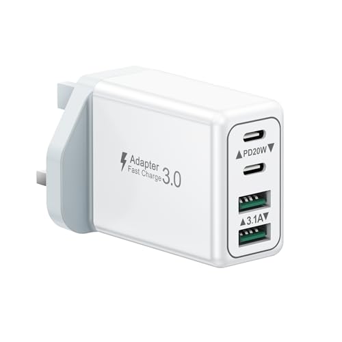 USB C Plug 40W 4-Port Fast Charger Plug UK Dual Port PD Power Adapter +QC Multi Mains Wall Charger Type C Charging Plug for iPhone 17 16 15 14 13 12 11 Pro Max Plus XS XR SE Samsung iPad AirPods