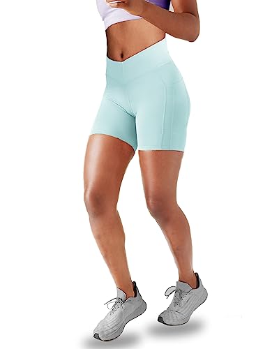 Lulucheri Women's V-Waist Biker Shorts With Pockets 5" Yoga Workout Athletic Running Gym Compression Spandex Short Pants (Xx-Large, Chalk Blue) #TOP3