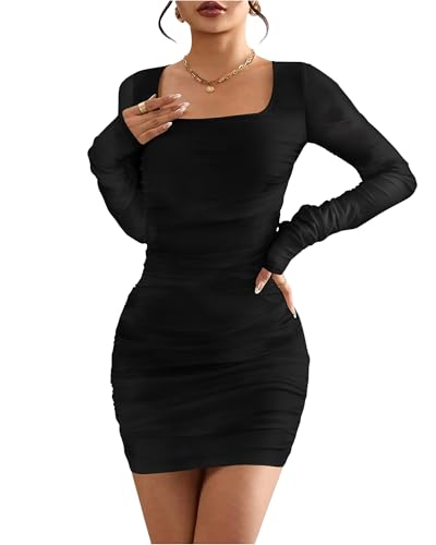MOEENCN Women's Sexy Mesh Dress Square Neck Long Sleeve Ruched Printed Bodycon Party Club Cocktail Mini Dresses