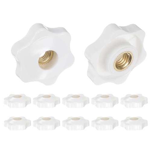 HARFINGTON 12pcs Star Knobs M8 Female Thread 32mm 6-Point Plastic Head Brass Insert Through Hole Screw-in Threaded Hand Knob Clamping Handle, White