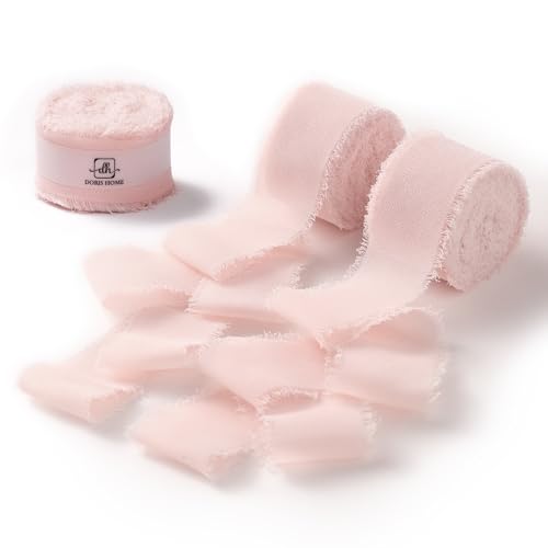 DORIS HOME Pink Chiffon Ribbon for Flower Bouquet, 1" x21Yd Fabric Ribbon for Gift Wrapping, Handmade Frayed Ribbon for Wedding Invitations/Christmas Decorations by DORIS HOME - Used condition - US$8.28