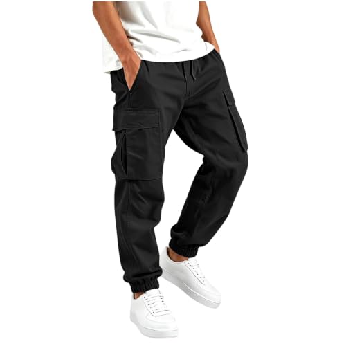 Image of Black Cuffed Cargo Trousers Men Cargo Trousers for Men UK Elastic Cuffs Cotton Work Trouser Oversized Elastic Waisted Durable Stretch Camping Hiking Jogging Sport Sweatpants with Multi Pockets