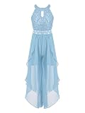 Hularka Kids Girls Floral Lace Romper Sleeveless Shiny Rhinestone Jumpsuit High Low Halter Birthday