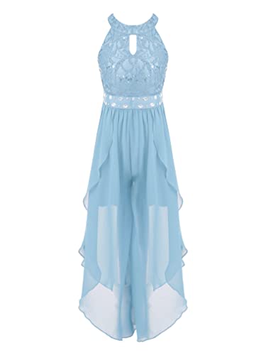 Hularka Kids Girls Floral Lace Romper Sleeveless Shiny Rhinestone Jumpsuit High Low Halter Birthday Party Maxi Dress Sky Blue 14 Years #TOP18