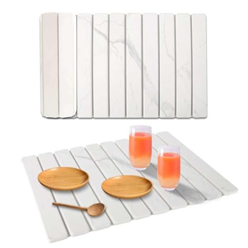 Stone Dish Drying Mat For Kitchen Counter, 24''×15'' Dishes Drying Matt Kitchen Counter, Absorbent Diatomaceous Earth Bath Quick Dry Mats For Tableware, Bottles And Cup(White Marble)