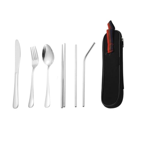 Giawkca フォーク、スプーン、ナイフ、箸、アウトドア用カトラリー、携帯用ストロー、収納ボックスが付いたキャンプ用カトラリーセット (シルバー,ブラックボックス)