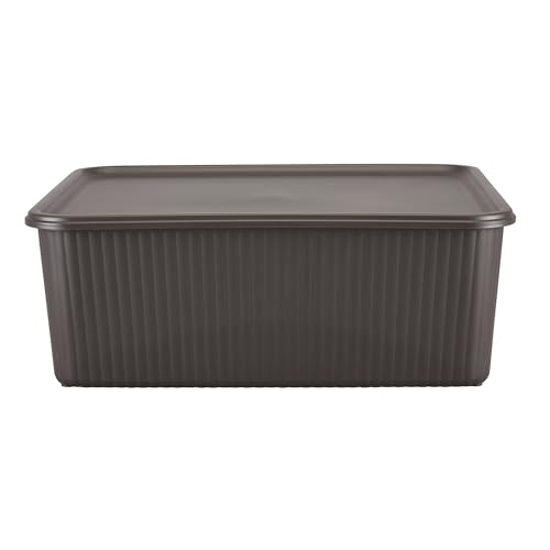 Image of Kolorr Ribbed Baskets Medium Pack of 1 With 1 Standard Lid (Non-Airtight Loose-Fit Cover) Multipurpose Plastic Storage Baskets For Cloths Wardrobe Home Kitchen & Livingroom I Dark Brown