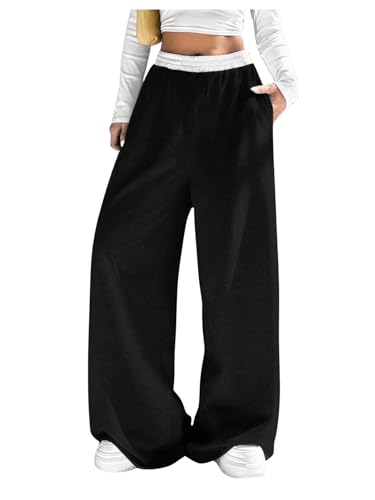 Floerns Girl's Casual Colorblock Elastic Waist Baggy Wide Leg Athletic Sweatpants with Pockets