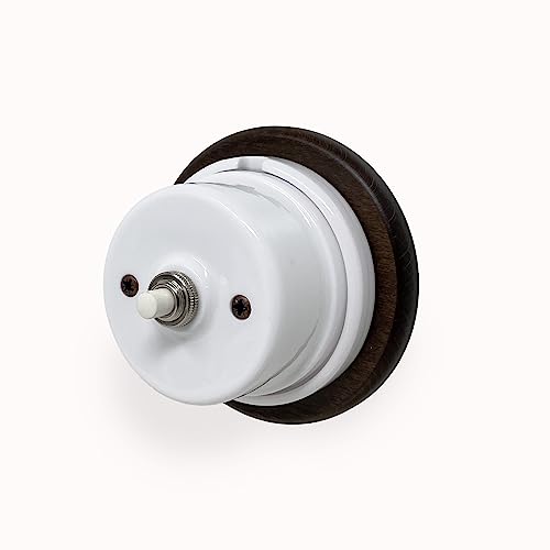 PULSANTE/CAMPANELLO IN PORCELLANA/CERAMICA, BASE IN LEGNO NOCE