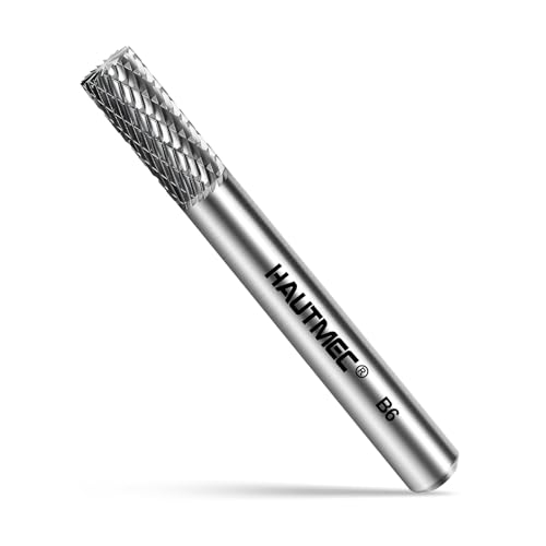 Image of HAUTMEC Tungsten Carbide Rotary Burr Bit YG6, 1/4" Shank Double Cut Die Grinder Bit, Low Vibration Precision Rotary File for Metal Grinding, Engraving & Deburring (6MM Cylindrical Flat End), HT0196