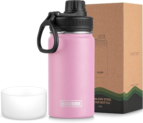 Image of koodee Water Bottle for School-12 oz Stainless Steel Vacuum Insulated Wide Mouth Flask with Leakproof Spout Lid (Pink)
