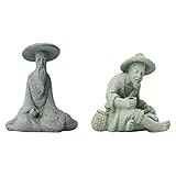 Cabilock 2Pcs Mini Fisherman Figurines Sandstone Chinese Mudman Sitting Fishing Garden Statue Ornament for Fish Tank Micro Landscape Bonsai Fairy Garden Decorations