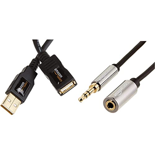 Amazon Basics USB 2.0 Extension Cable - A-Male to A-Female Adapter Cord - 6.5 Feet (2 Meters) & 3.5mm Male to Female Stereo Audio Extension Adapter Cable - 12 Feet